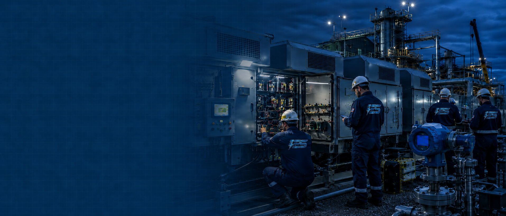 Industrial workers operating field electrical equipment